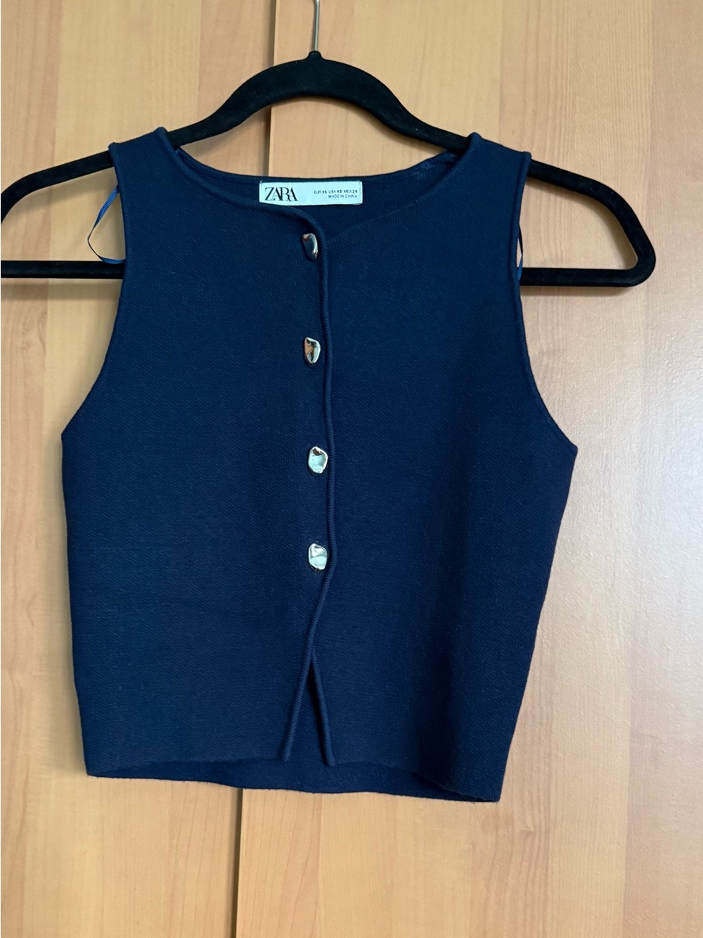 Zara Dark Navy Sleeveless Crop Top with Silver Button